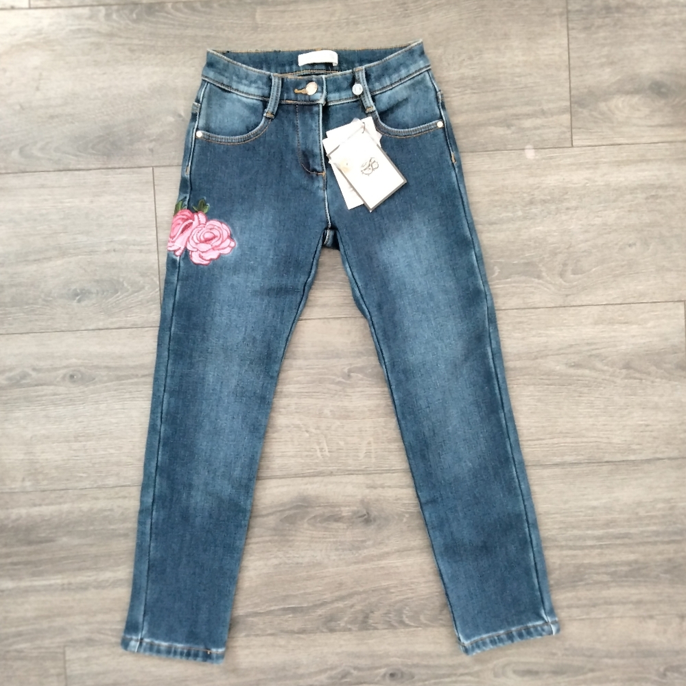 Stefania Pinyagina NWT Floral Embroidered Jeans Denim Pants Girl's Sized 8Y